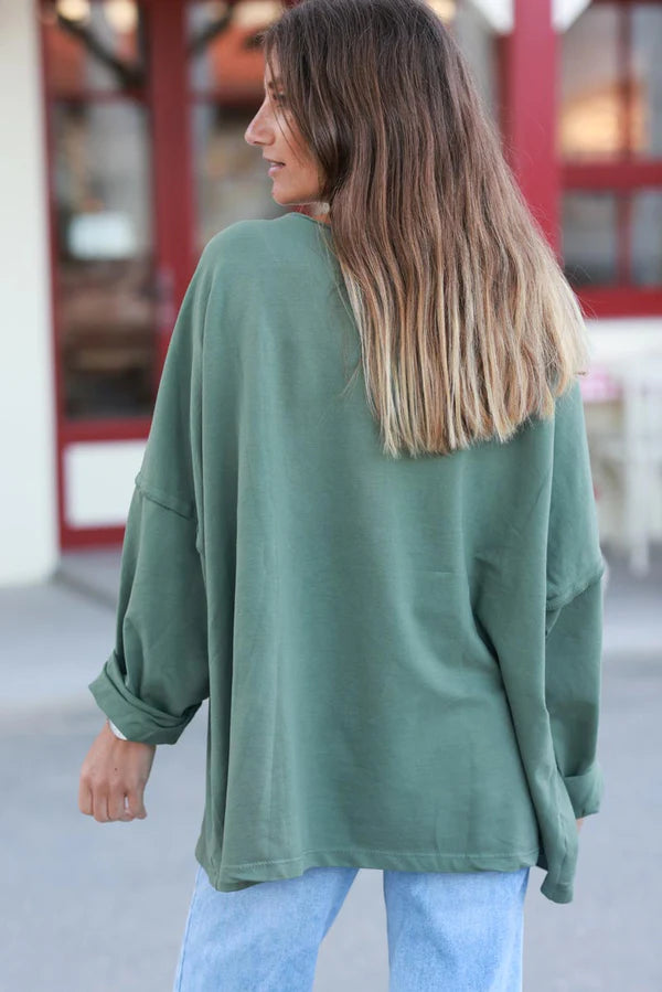 Olive Stretch Knit Long-Sleeve Slouchy Tee