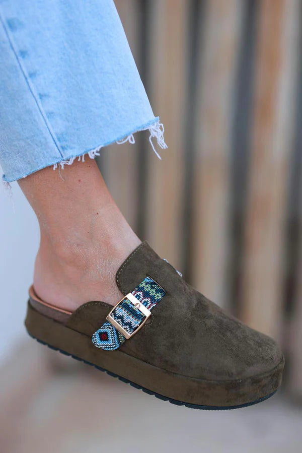 Olive Sueded Mules with Tribal Woven Strap