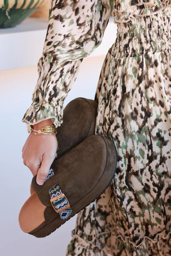 Olive Sueded Mules with Tribal Woven Strap