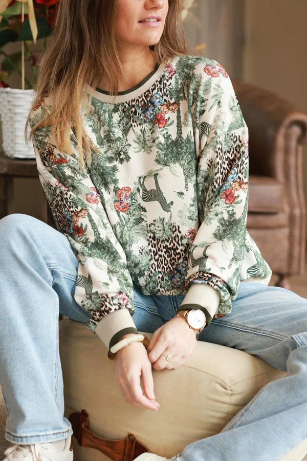 Olive Sweatshirt with Jungle Print