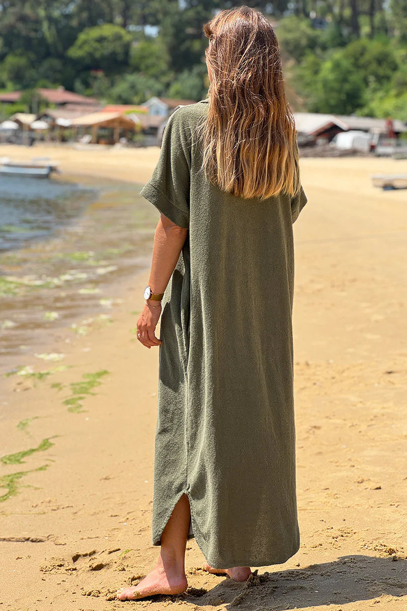 Robe polo longue en éponge souple kaki