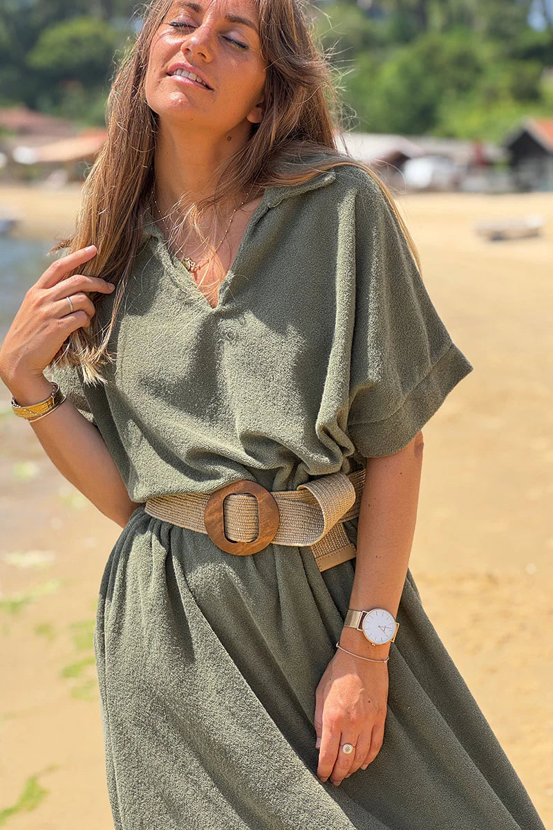 Robe polo longue en éponge souple kaki