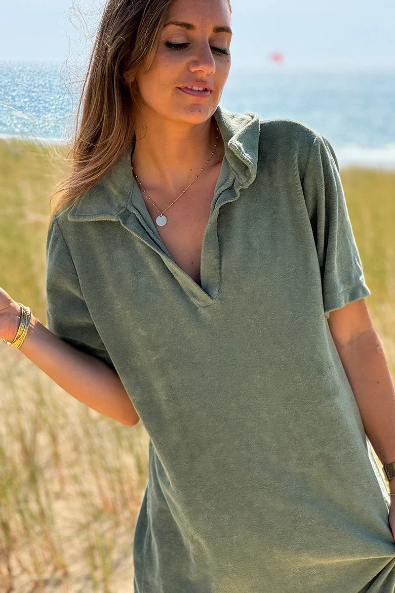 Olive Terry Cloth Collared V-Neck Dress