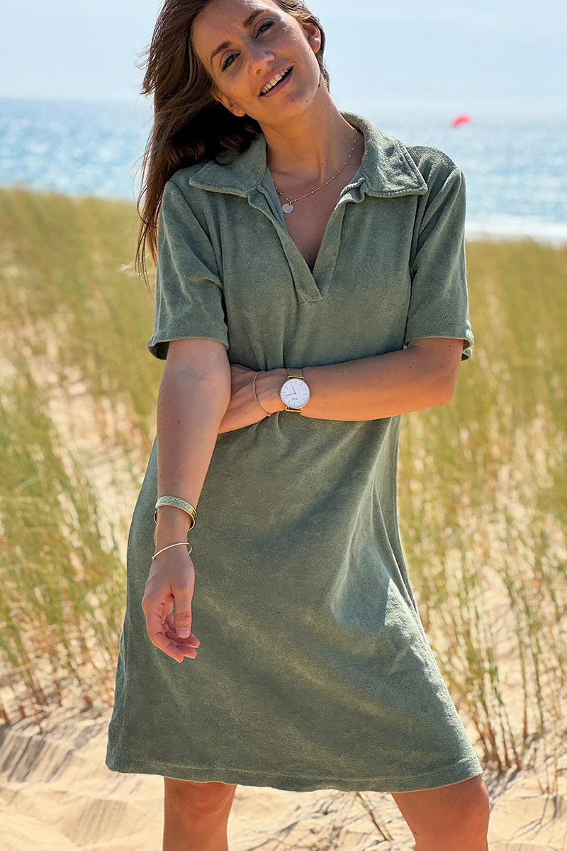 Olive Terry Cloth Collared V-Neck Dress