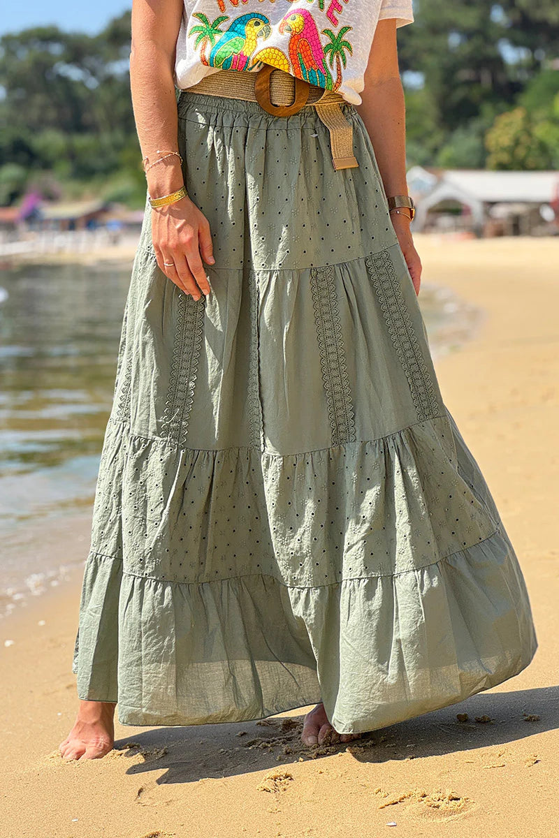Olive Tiered Eyelet Boho Skirt