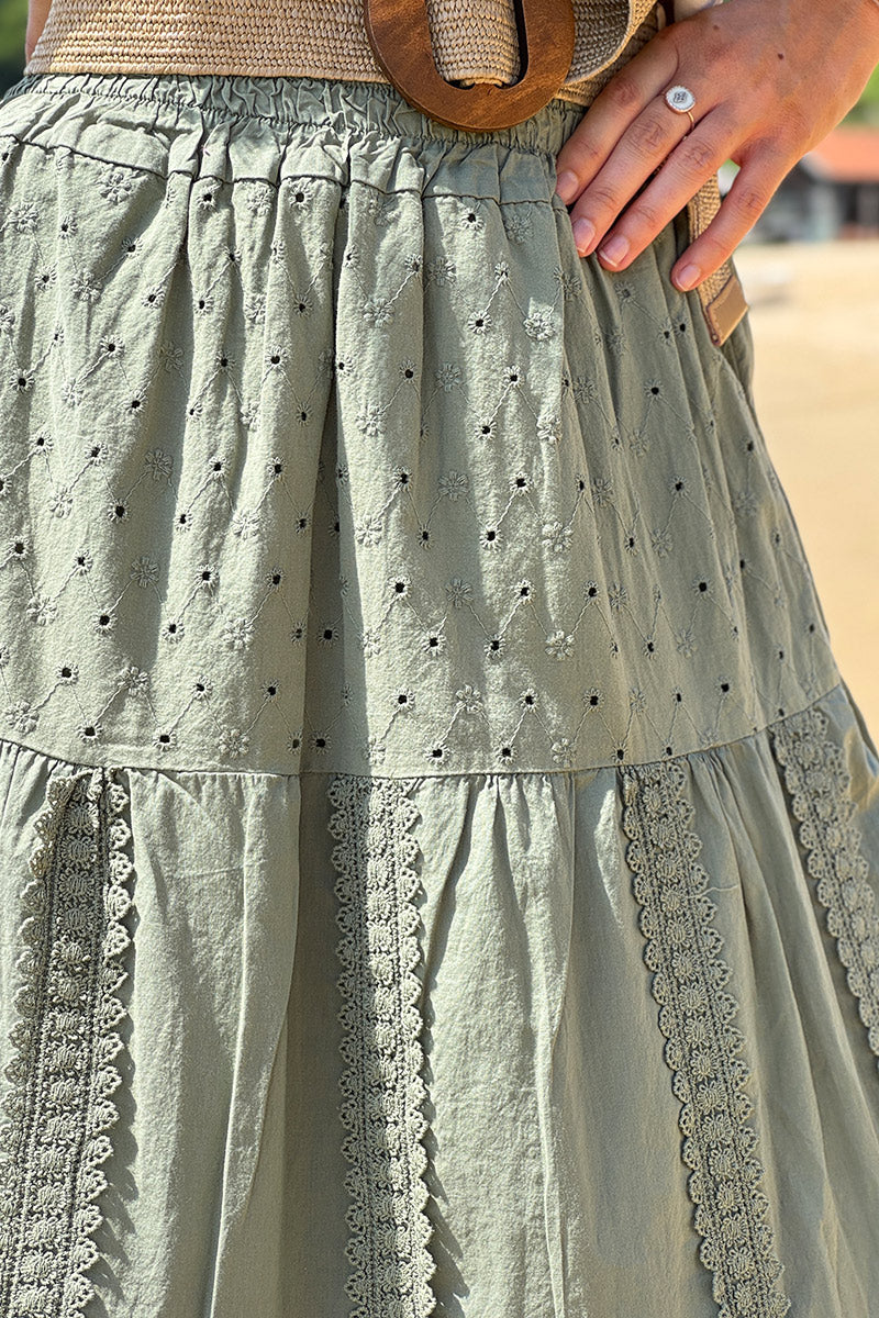 Olive Tiered Eyelet Boho Skirt