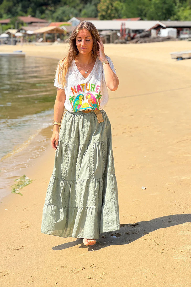 Olive Tiered Eyelet Boho Skirt
