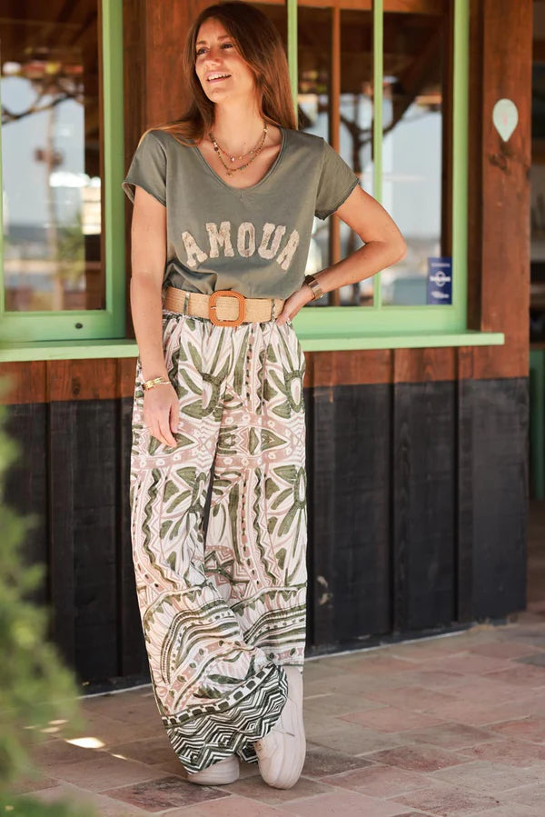 Olive Tiki Print Viscose Pull-On Pants + Belt included