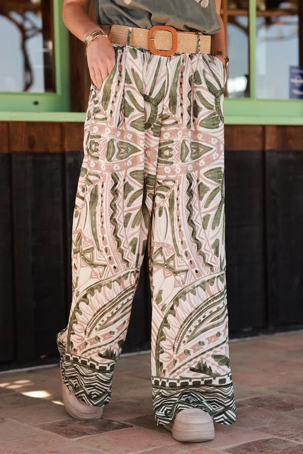 Olive Tiki Print Viscose Pull-On Pants + Belt included