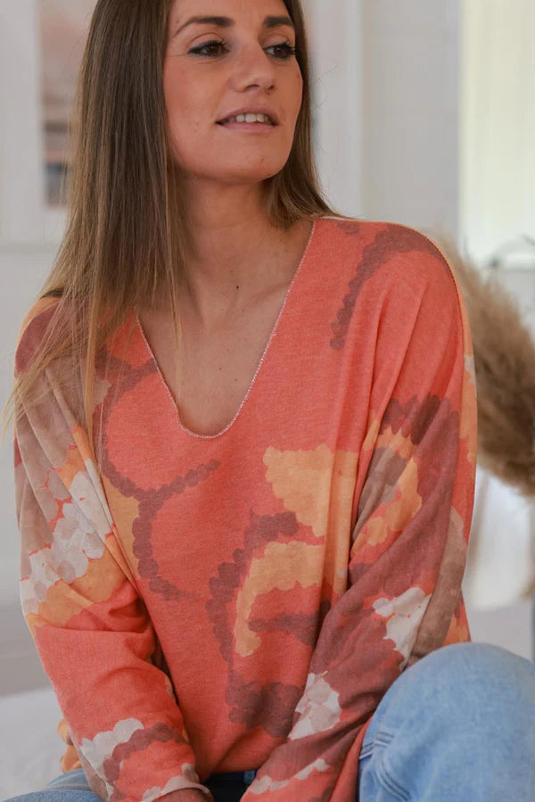 Orange Abstract Print Long-Sleeve Slouchy Top