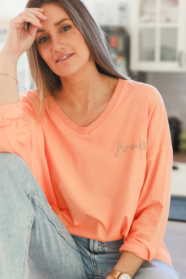 Orange “Amour” Long-Sleeve V-Neck Tee