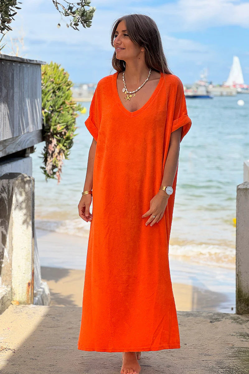 Orange Brushed Terry V-Neck Maxi Dress