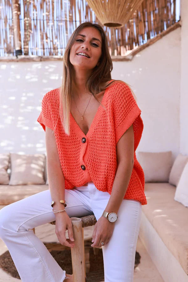 Orange Chunky Knit Cap-Sleeve Cardigan