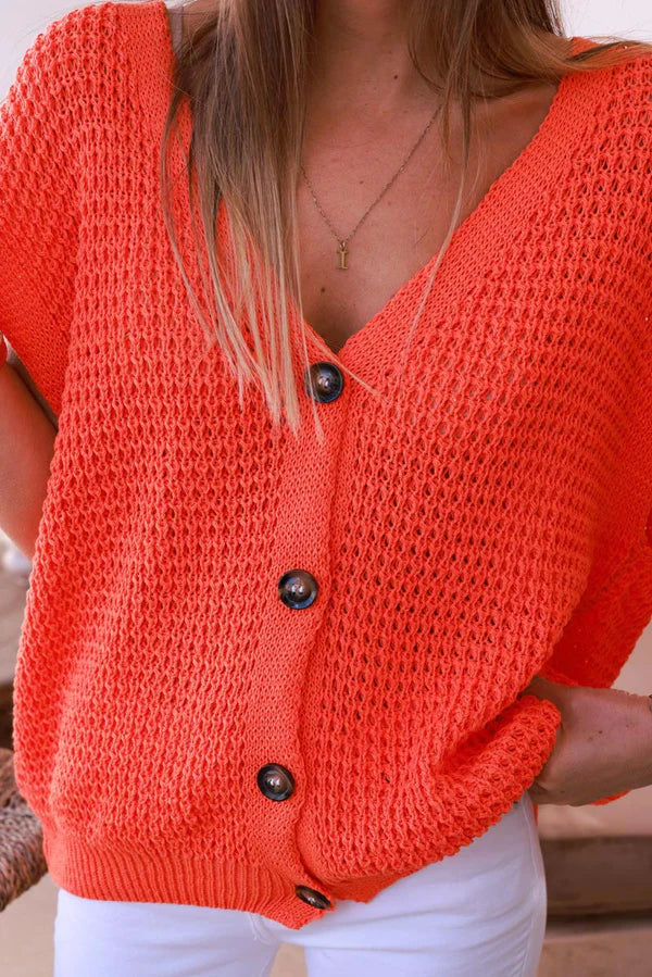 Orange Chunky Knit Cap-Sleeve Cardigan