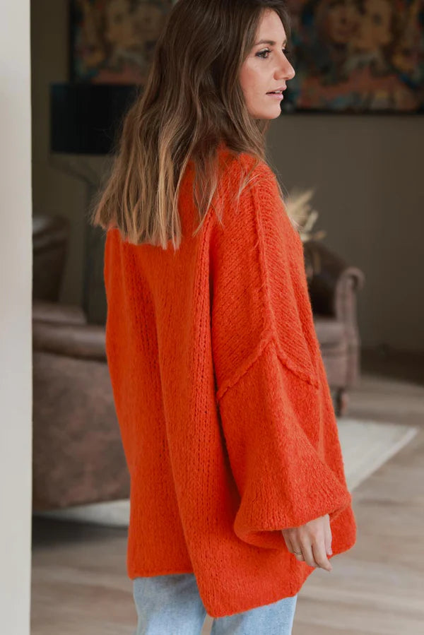 Orange Chunky Knit Sweater Oversized and Funnel Neck