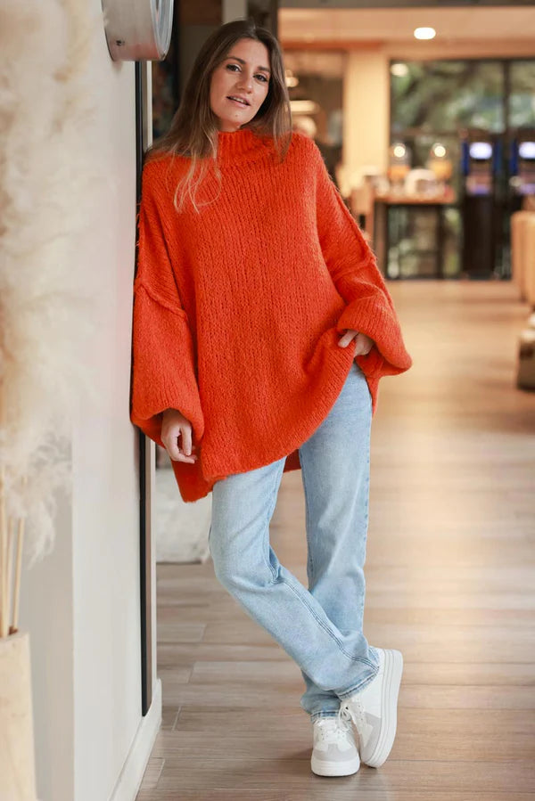 Orange Chunky Knit Sweater Oversized and Funnel Neck