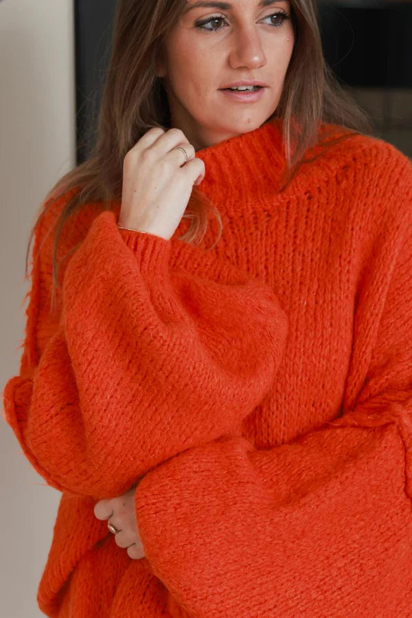 Orange Chunky Knit Sweater Oversized and Funnel Neck