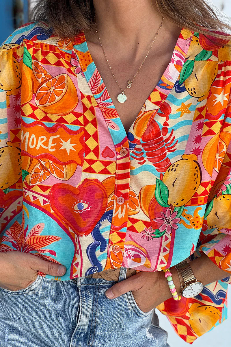Orange Citrus Splash Tropical Print Blouse