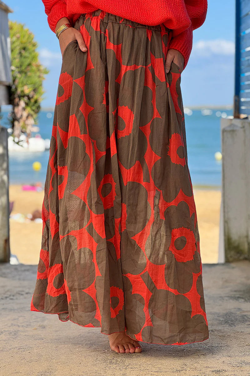 Orange Floral Maxi Skirt with Pockets