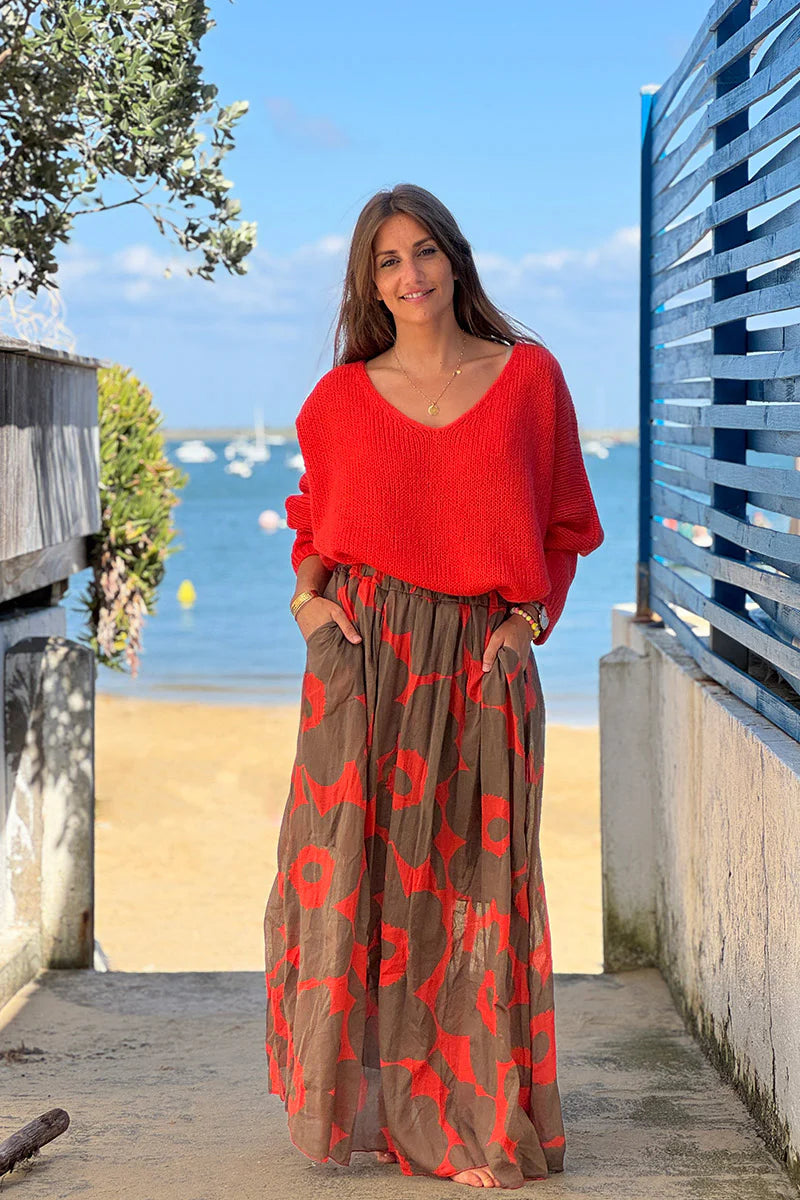 Orange Floral Maxi Skirt with Pockets