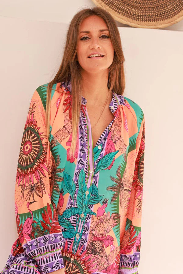 Orange Jungle Leaf Tribal Button-Down Maxi Dress
