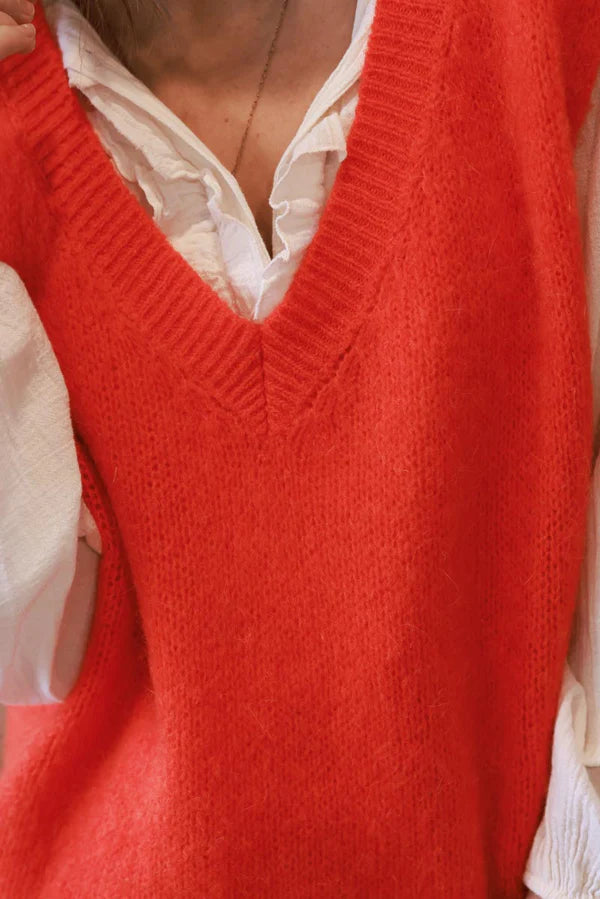 Blood Orange Kid Mohair Blend Sleeveless Sweater, ribbed v-neck