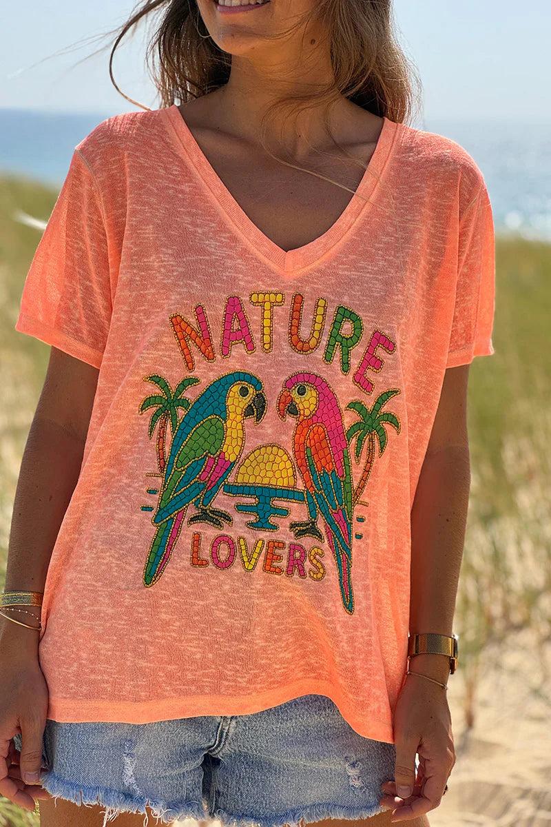 Orange Nature Lovers Parrot Print Slub Knit Tee