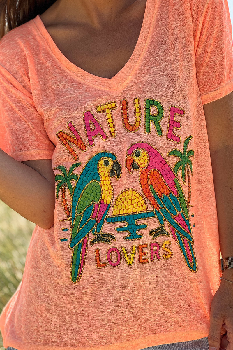 Orange Nature Lovers Parrot Print Slub Knit Tee
