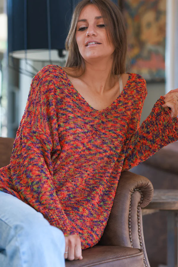 Orange Neon Bell Sleeve Confetti Knit Top