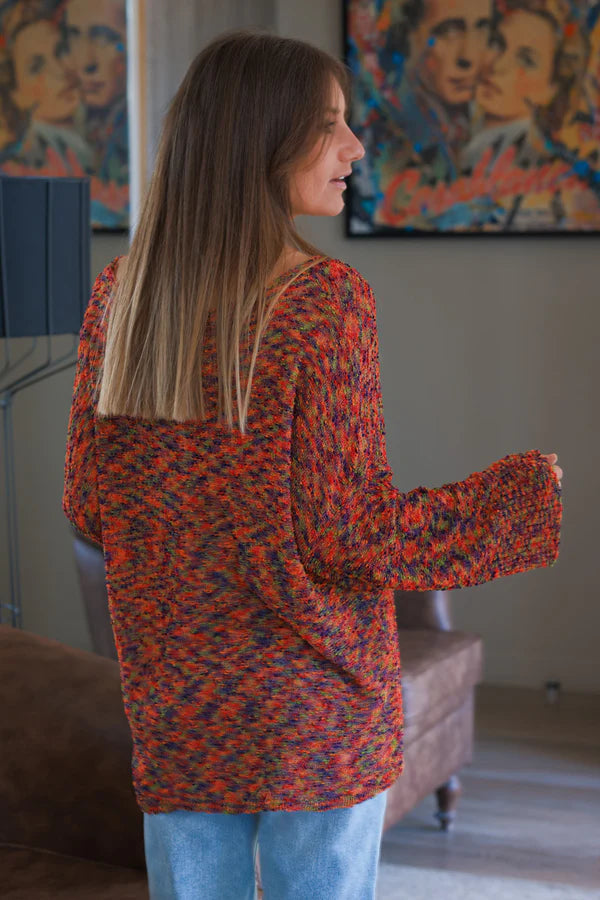 Orange Neon Bell Sleeve Confetti Knit Top