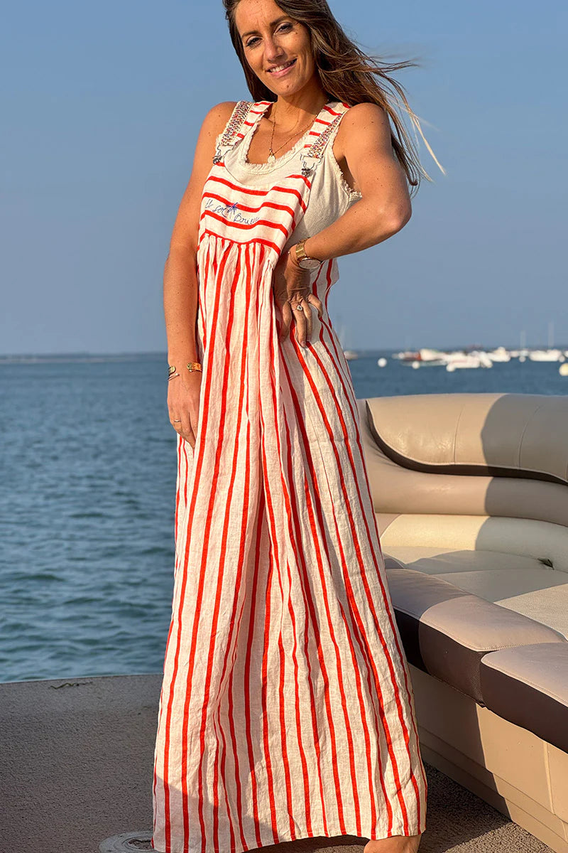 Orange Stripe Linen Overalls Maxi Dress