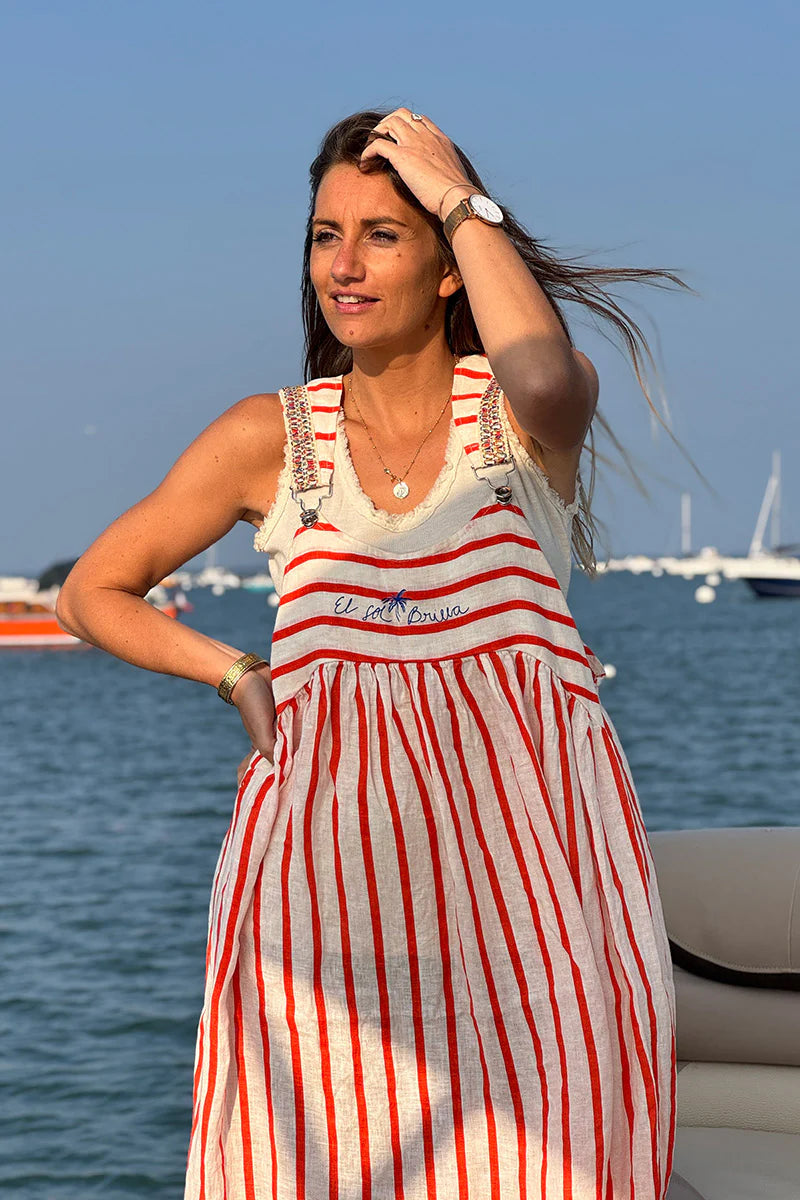 Orange Stripe Linen Overalls Maxi Dress
