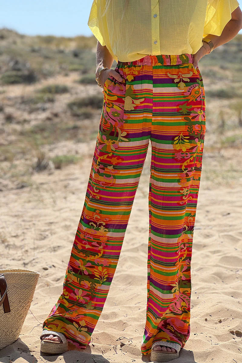 Orange Tropical Stripe Linen Pants