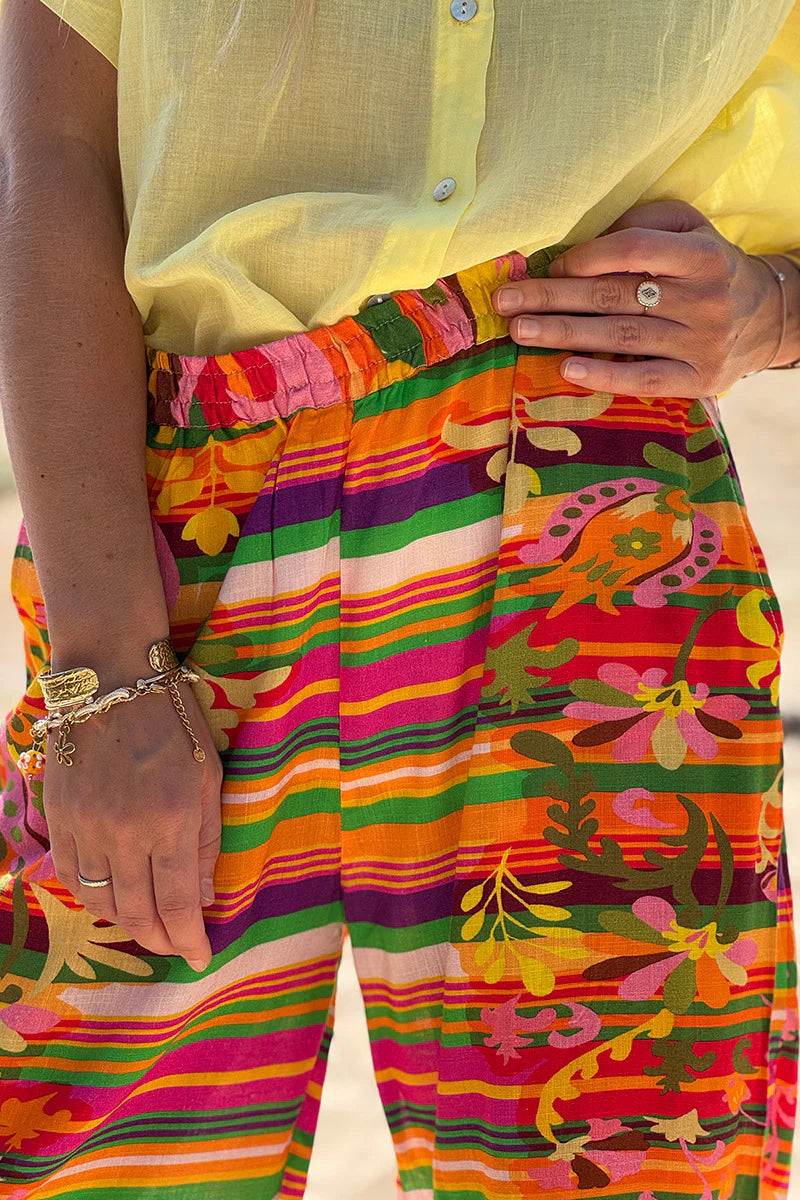 Orange Tropical Stripe Linen Pants
