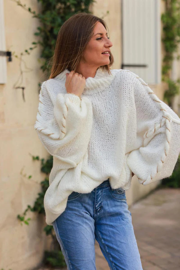 Oversized Chunky Knit Sweater in Off white with Gold Seam Stitching detail