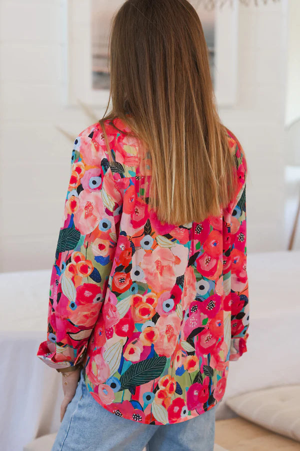 Pink Abstract Floral Cotton Button-Down Shirt