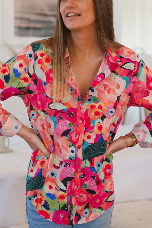 Pink Abstract Floral Cotton Button-Down Shirt