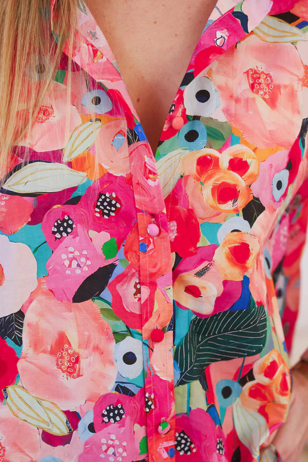 Pink Abstract Floral Cotton Button-Down Shirt