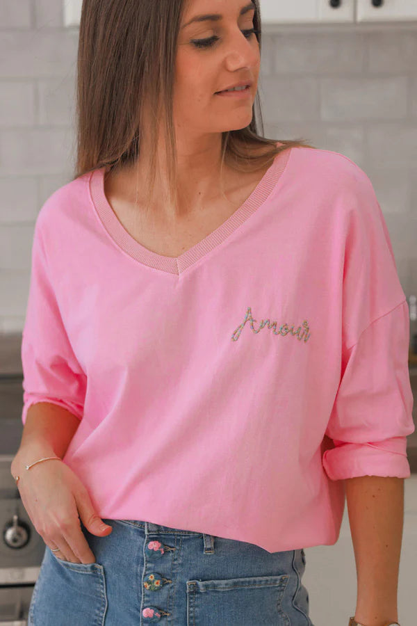 Pink “Amour” Long-Sleeve V-Neck Tee