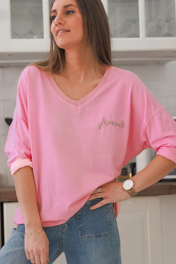 Pink “Amour” Long-Sleeve V-Neck Tee