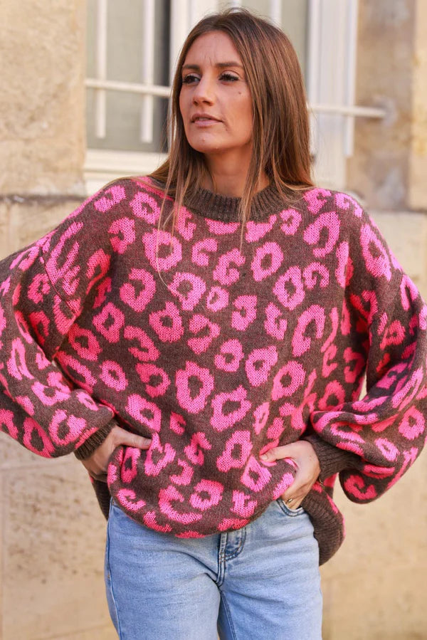 Pink and Brown Leopard Print Balloon Sleeve Sweater