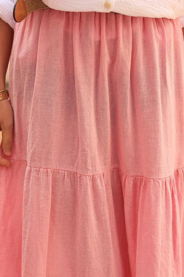 Pink brushed cotton maxi skirt with belt