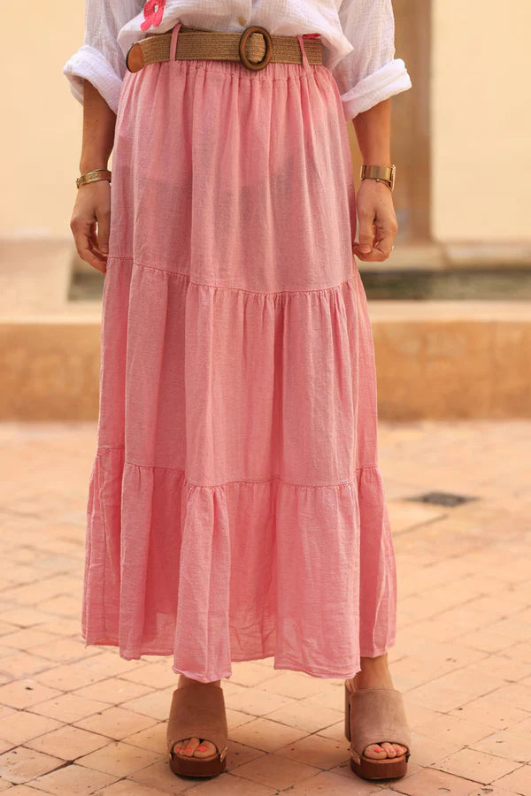 Pink brushed cotton maxi skirt with belt