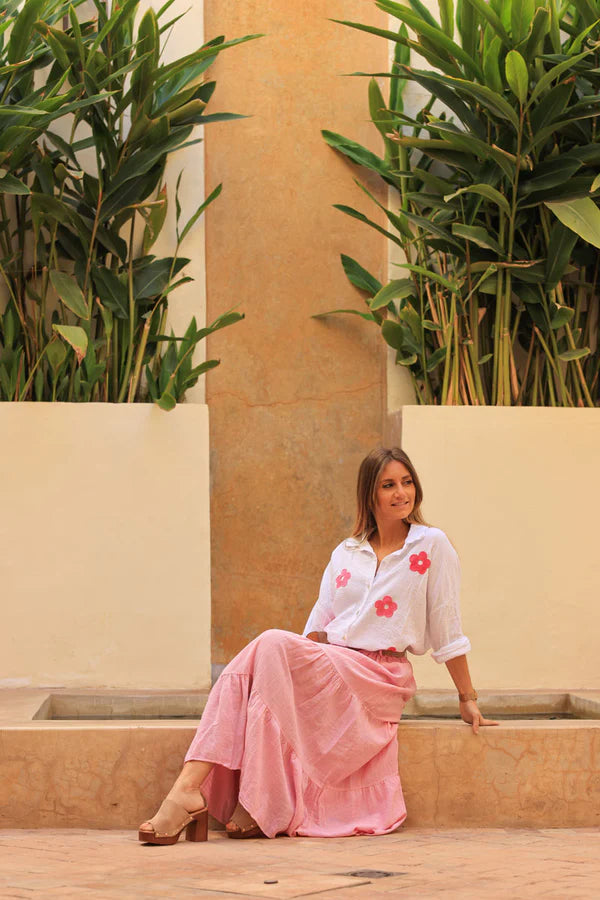 Pink brushed cotton maxi skirt with belt