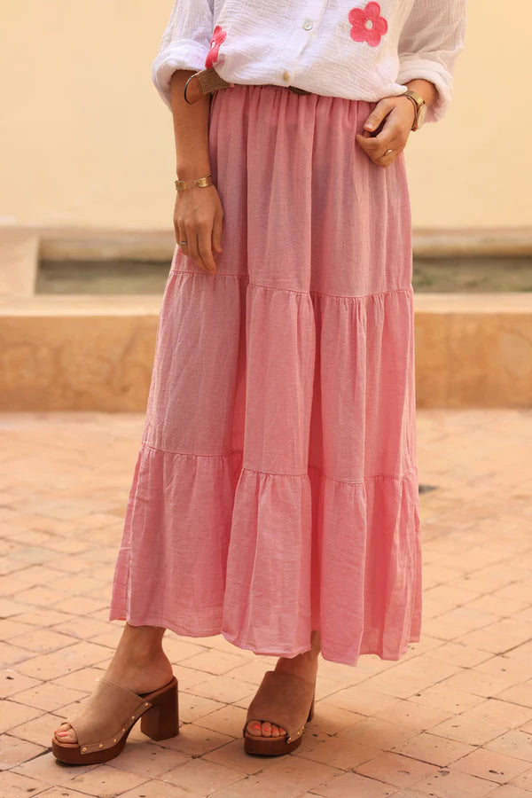 Pink brushed cotton maxi skirt with belt