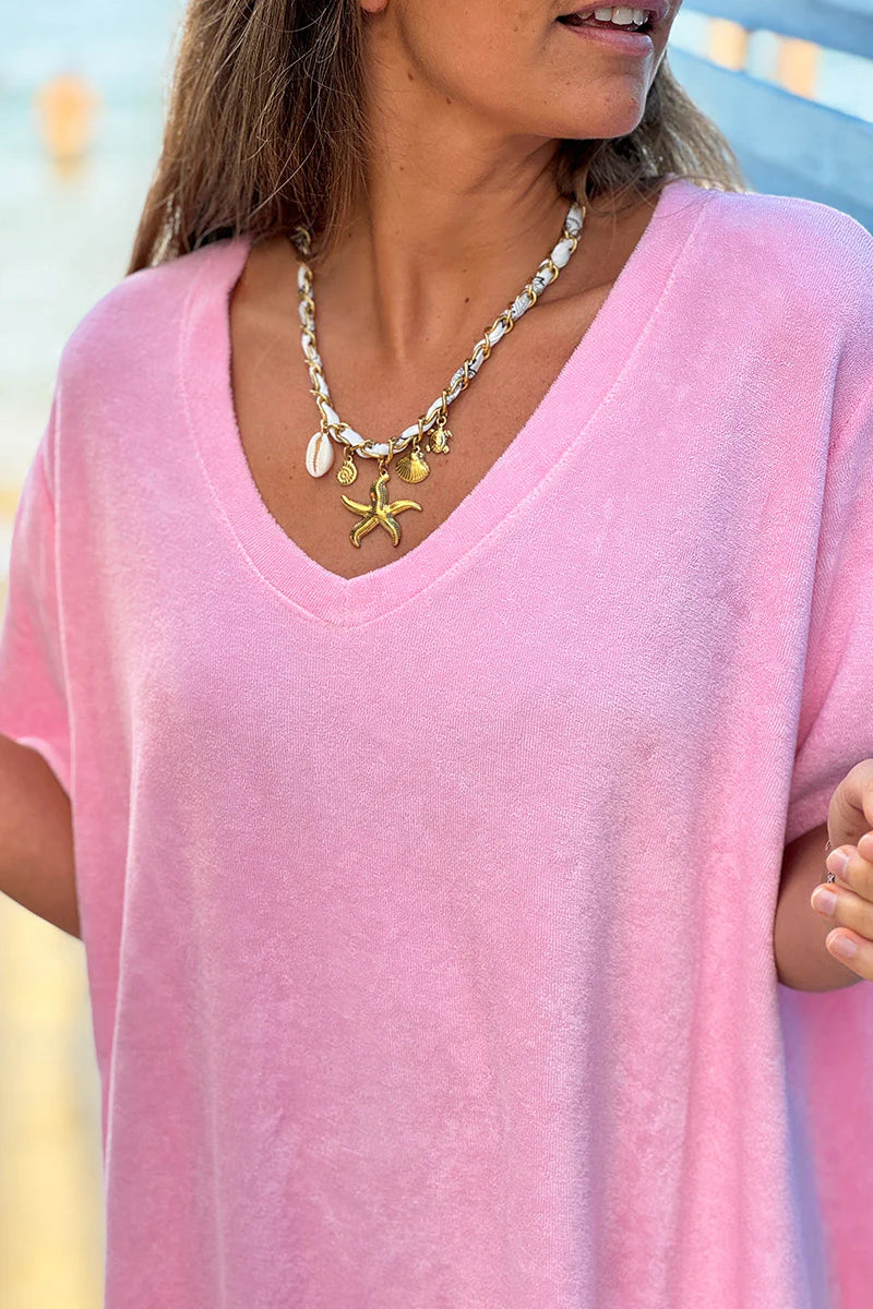 Pink Brushed Velour V-Neck Lounge Dress