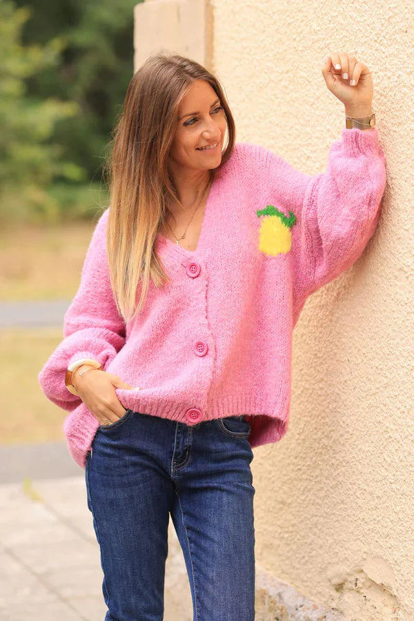 Pink Chunky Knit Cardigan with Lemon 'limoncello' back pattern