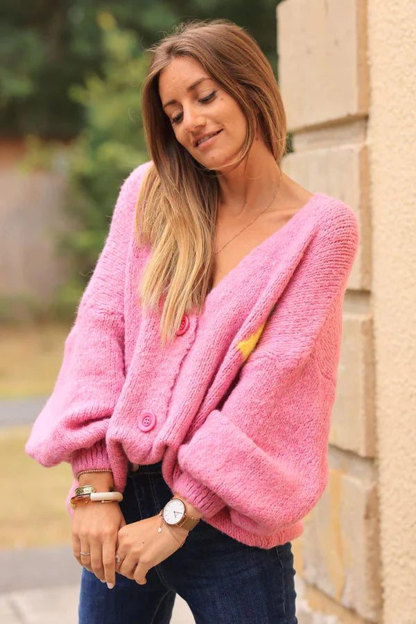 Pink Chunky Knit Cardigan with Lemon 'limoncello' back pattern