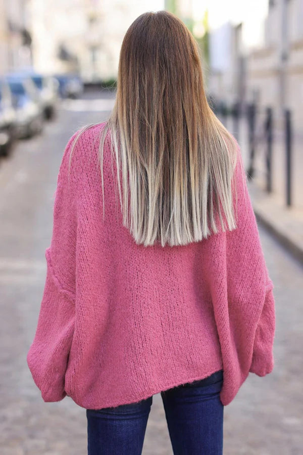 Pink Chunky Knit Sweater Oversized and Funnel Neck