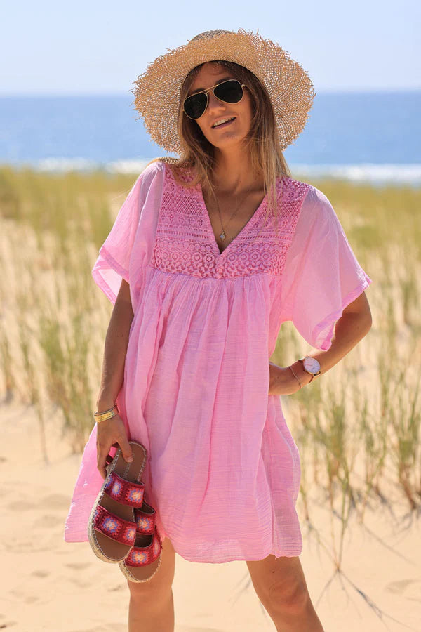 Pink floaty cotton dress with lace detail